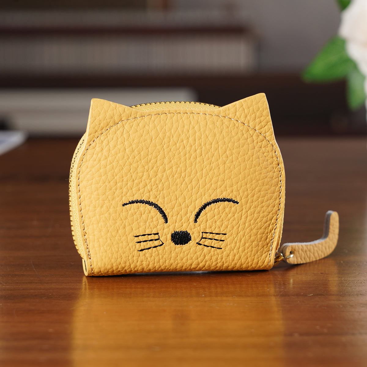 Genuine Leather RFID Blocking Novelty Cat Wallet - Mustard Yellow V32515501 2