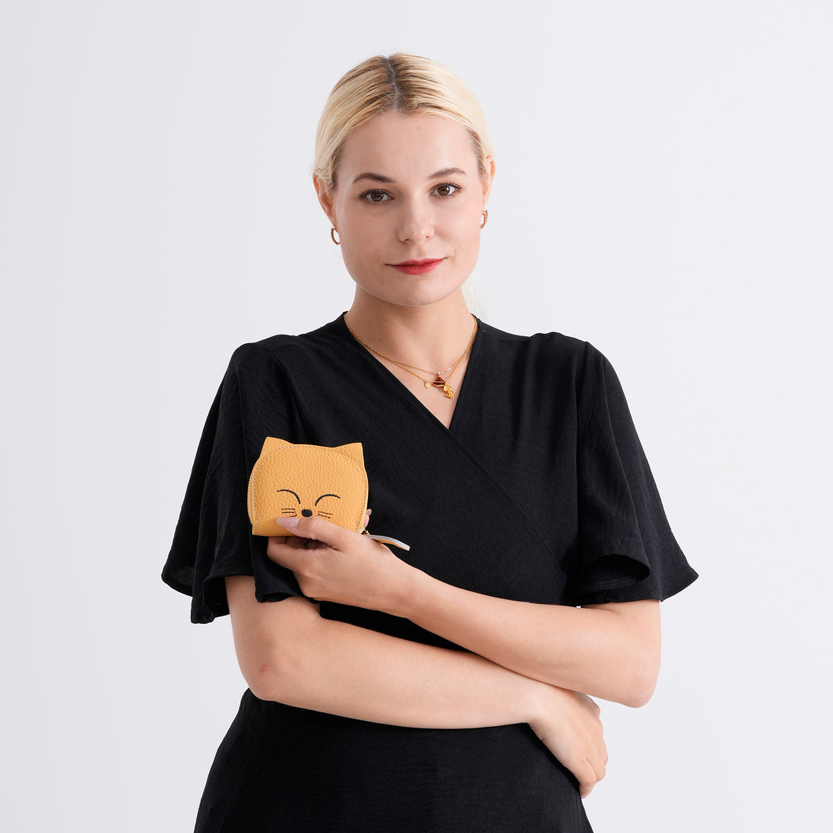 Genuine Leather RFID Blocking Novelty Cat Wallet - Mustard Yellow V32515501 3