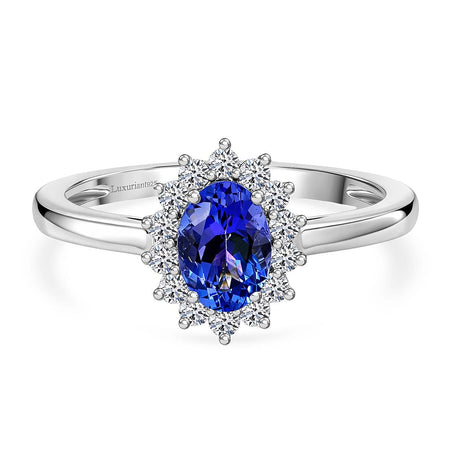 AAA Tanzanite, Lab Grown Diamond Halo Ring in Rhodium Overlay Sterling Silver 1.30 Ct. (SI-GH) 8504911 1