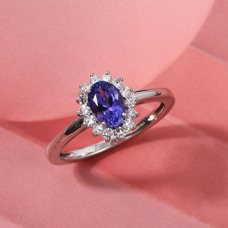 AAA Tanzanite, Lab Grown Diamond Halo Ring in Rhodium Overlay Sterling Silver 1.30 Ct. (SI-GH) 8504911 2
