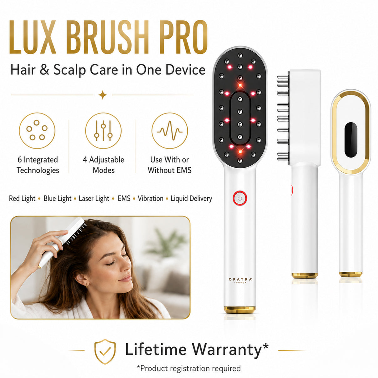 Opatra Lux Brush Pro with EMS, Red, Blue &amp; Laser Light Technology for Hair Care (Lifetime Warranty) 8505207 1