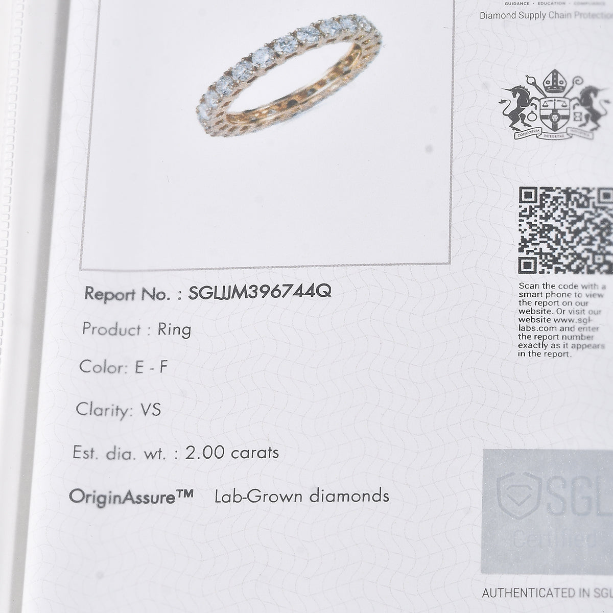 LUXURIANT 2 Ct. Lab Grown Diamond Full-Eternity Band Ring in 9K Yellow Gold SGL Certified (VS-E-F) 8505574 8