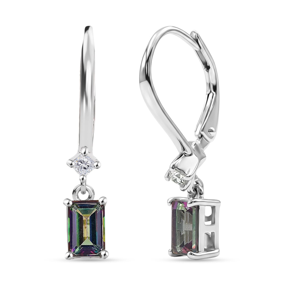 D'Joy Mystic Topaz, White Zircon Solitaire Lever Back Earring in Platinum Overlay Sterling Silver 1.50 Ct. V32515910 0