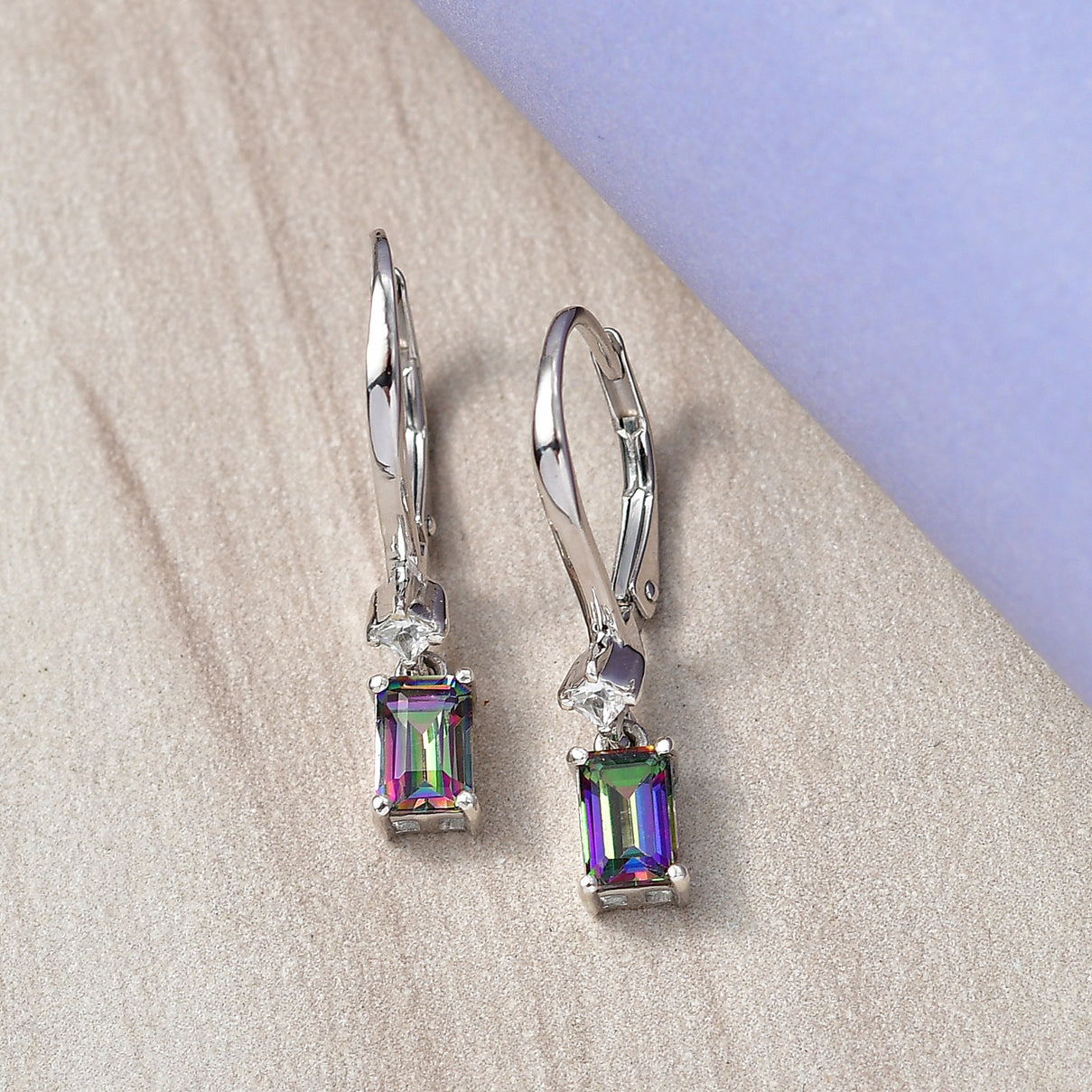 D'Joy Mystic Topaz, White Zircon Solitaire Lever Back Earring in Platinum Overlay Sterling Silver 1.50 Ct. V32515910 3