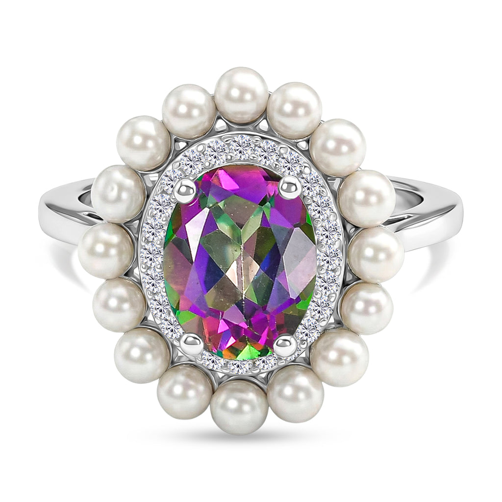 D'Joy Mystic Topaz, Fresh Water Pearl & White Zircon Ring in Rhodium Overlay Sterling Silver 3.85  Ct._8505713