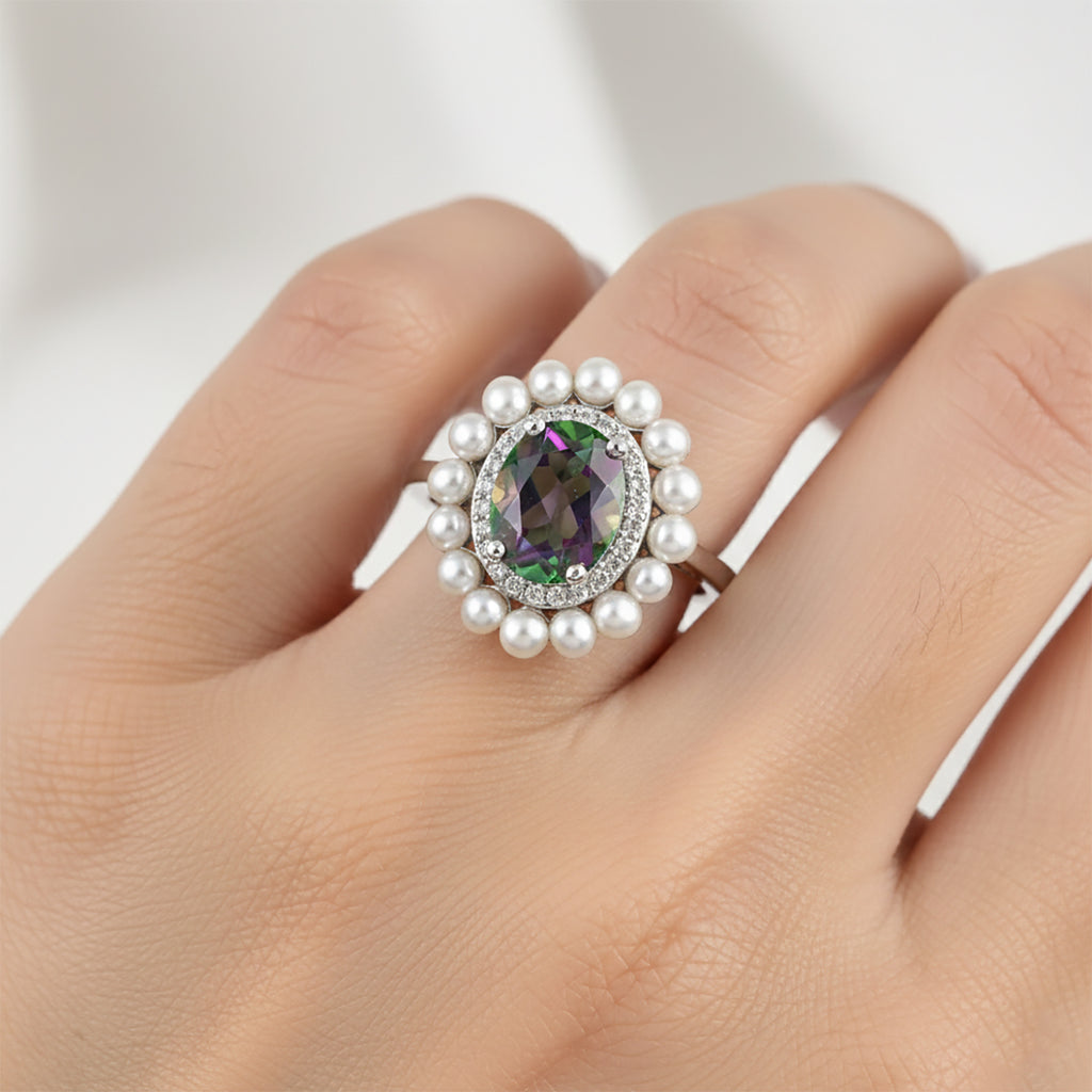 D'Joy Mystic Topaz, Fresh Water Pearl & White Zircon Ring in Rhodium Overlay Sterling Silver 3.85  Ct._8505713_1