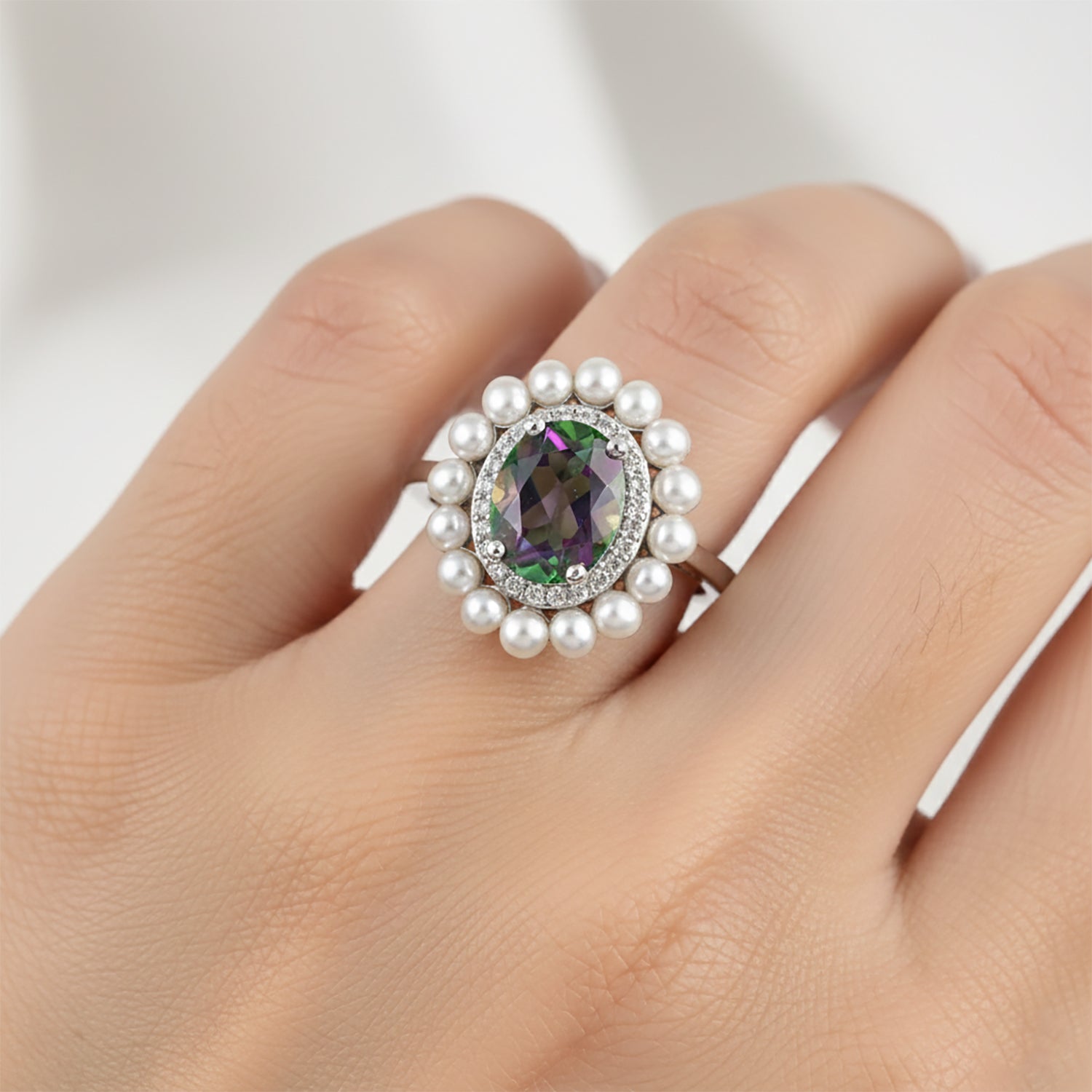 D'Joy Mystic Topaz, Fresh Water Pearl &amp; White Zircon Ring in Rhodium Overlay Sterling Silver 3.85  Ct. 8505713 2
