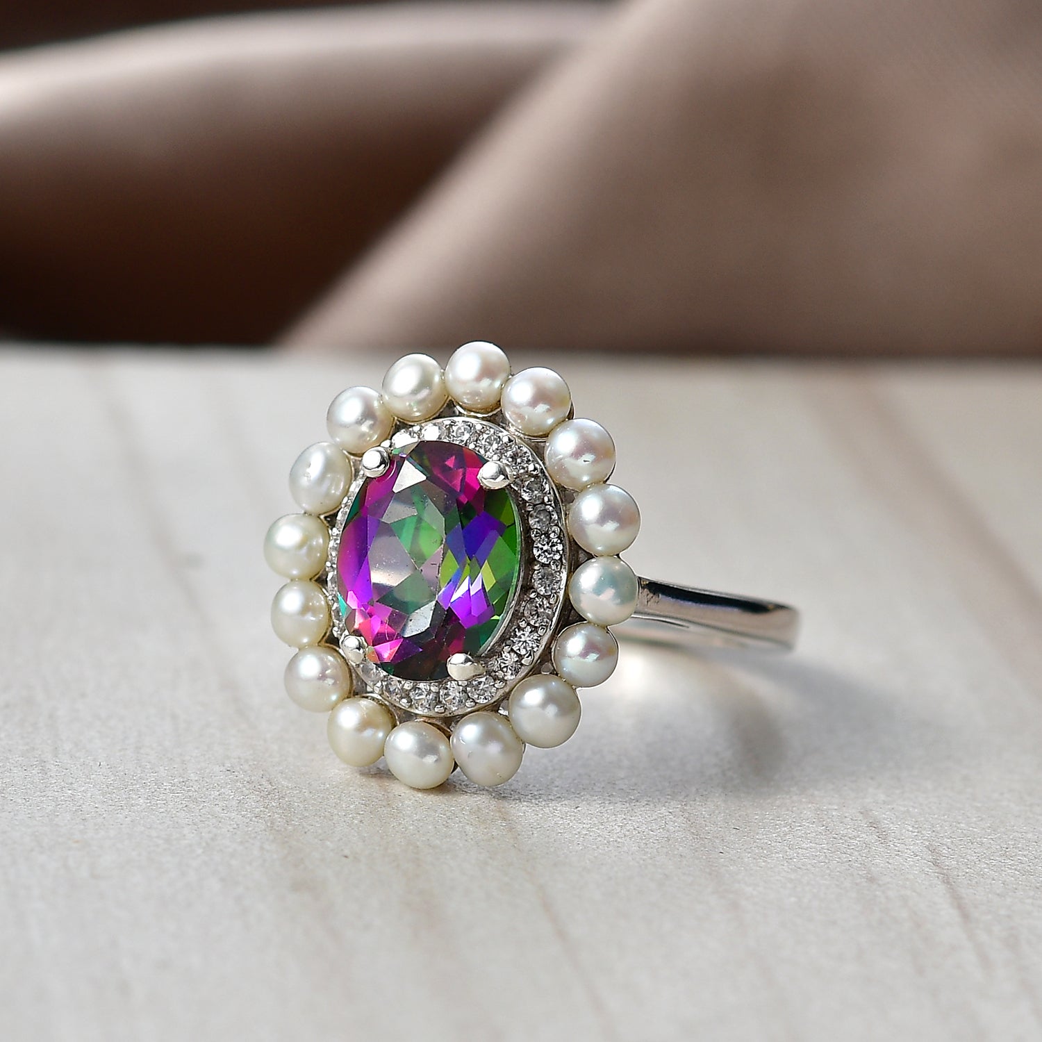 D'Joy Mystic Topaz, Fresh Water Pearl &amp; White Zircon Ring in Rhodium Overlay Sterling Silver 3.85  Ct. 8505713 3