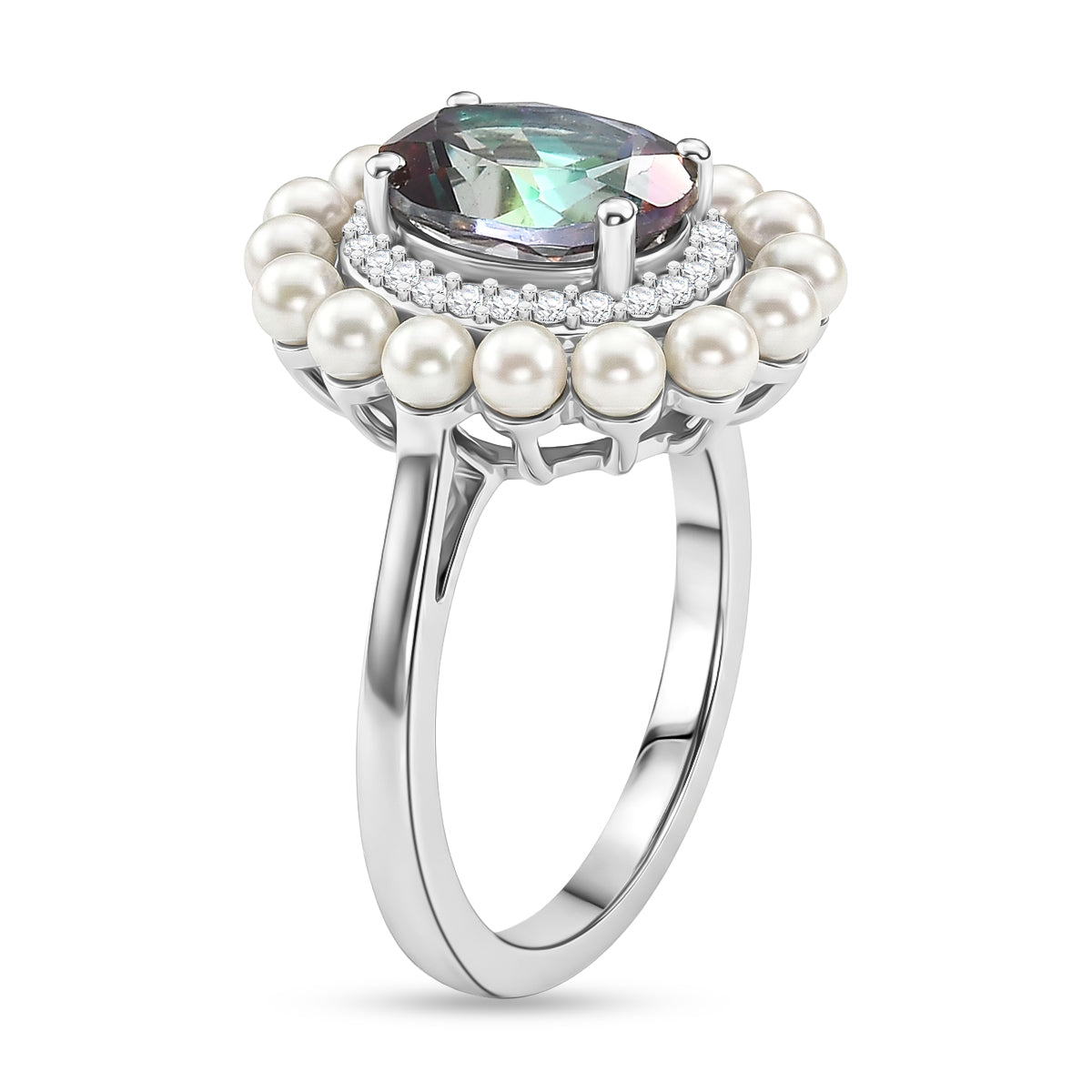 D'Joy Mystic Topaz, Fresh Water Pearl &amp; White Zircon Ring in Rhodium Overlay Sterling Silver 3.85  Ct. 8505713 4