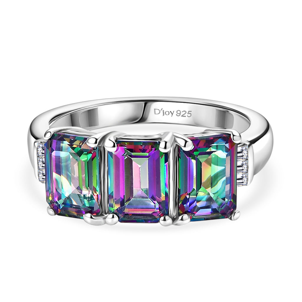 D'Joy Mystic Topaz & Natural White Diamond 3 Stone Ring in Rhodium Overlay Sterling Silver 3.50 Ct._8505756
