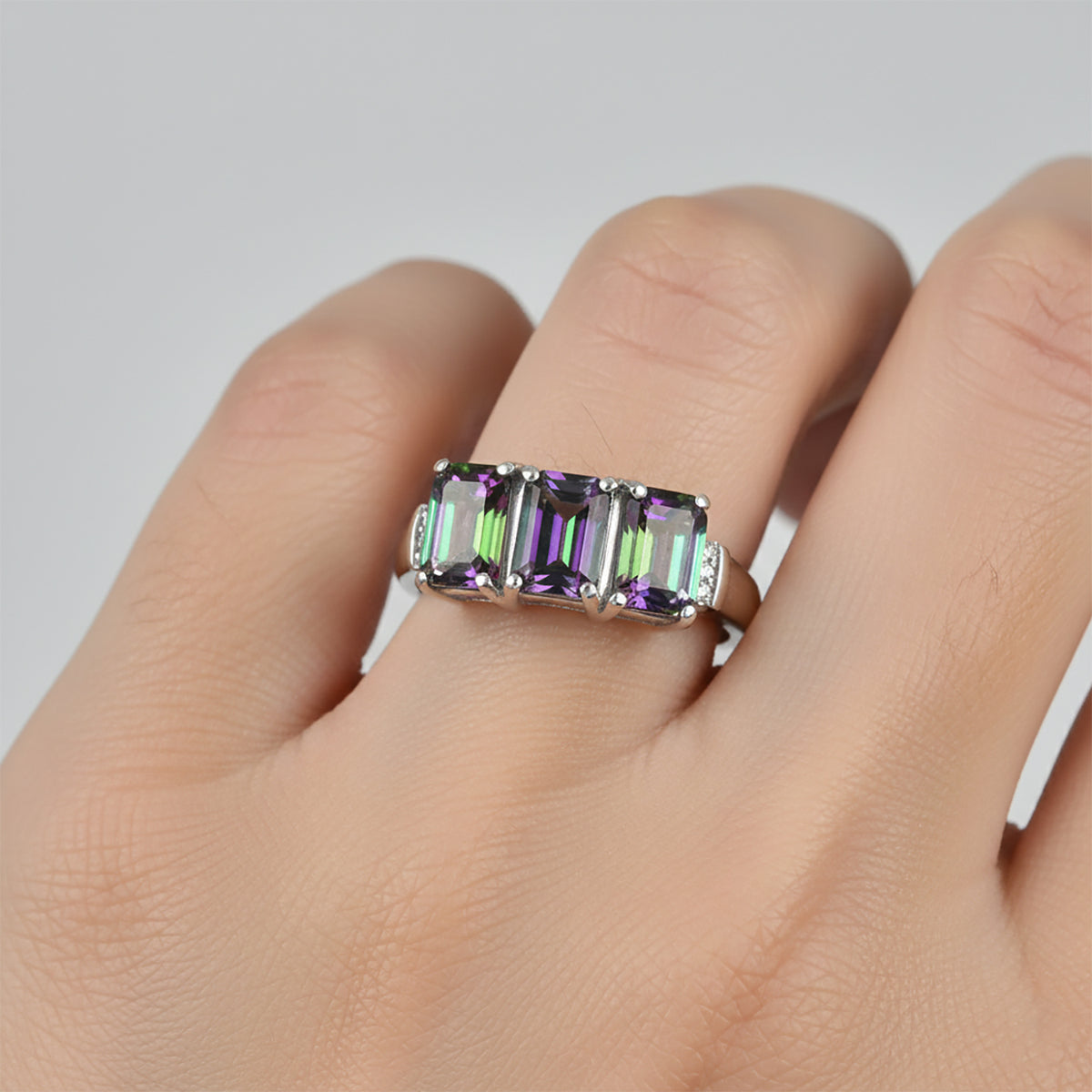 D'Joy Mystic Topaz &amp; Natural White Diamond 3 Stone Ring in Rhodium Overlay Sterling Silver 3.50 Ct. V32520472 2