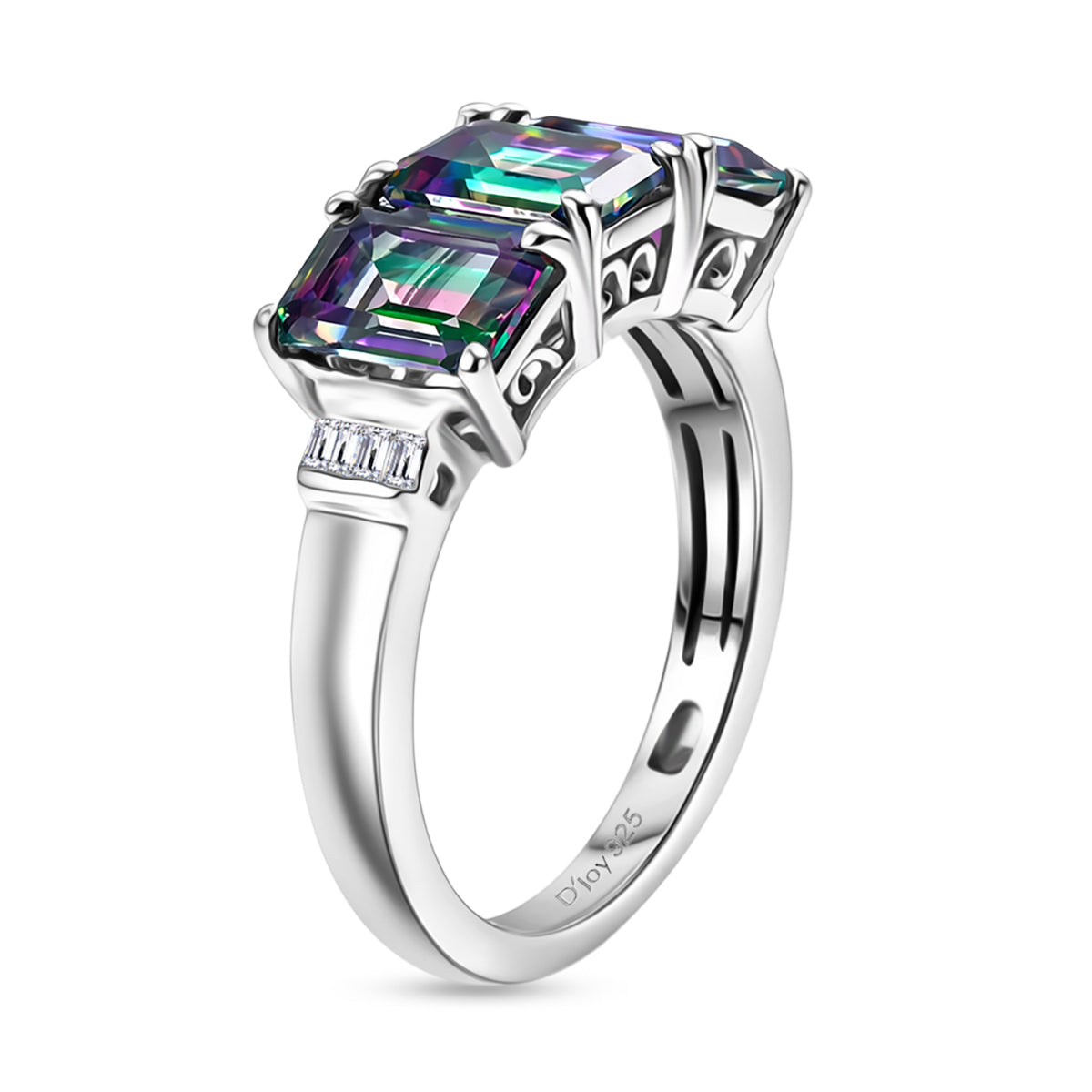 D'Joy Mystic Topaz &amp; Natural White Diamond 3 Stone Ring in Rhodium Overlay Sterling Silver 3.50 Ct. V32520472 4