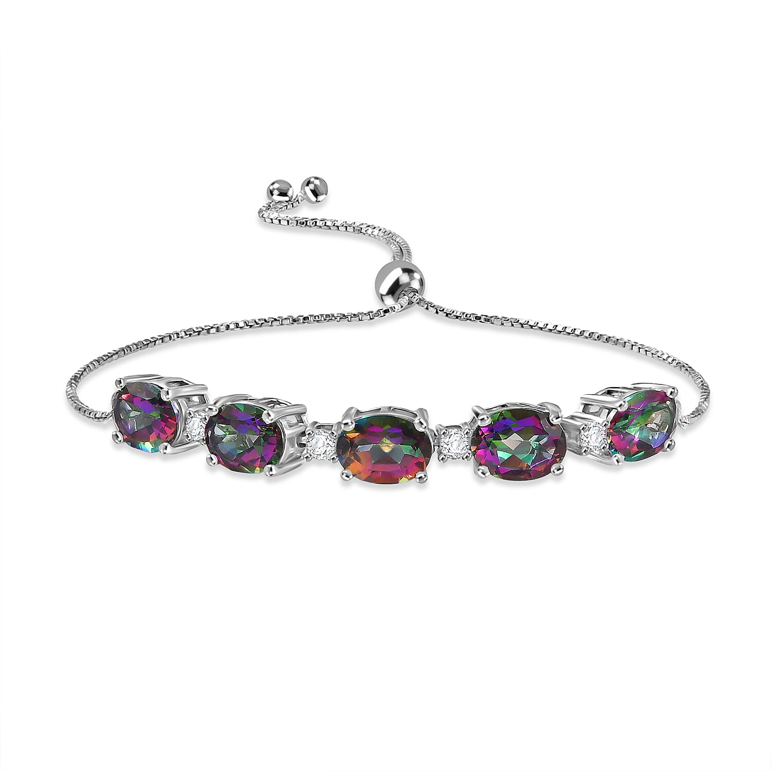 D'Joy Mystic Topaz, White Zircon Adjustable Bracelet (Size - 10.5) in Rhodium Overlay Sterling Silver 7.71 Ct. 8505765 0