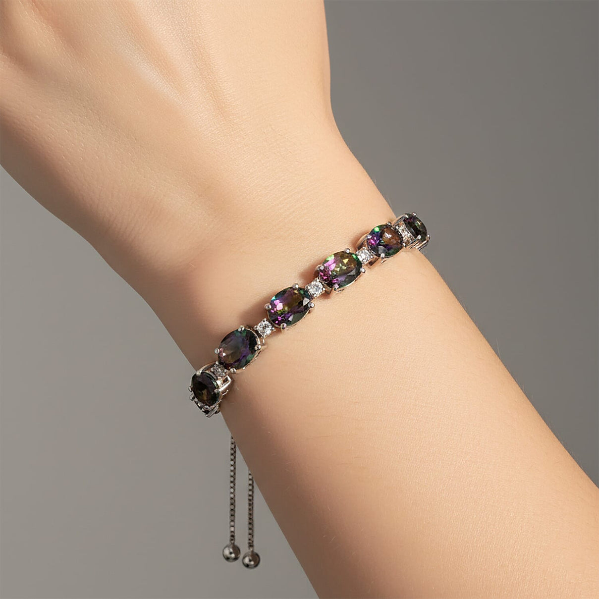 D'Joy Mystic Topaz, White Zircon Adjustable Bracelet (Size - 10.5) in Rhodium Overlay Sterling Silver 7.71 Ct. 8505765 2
