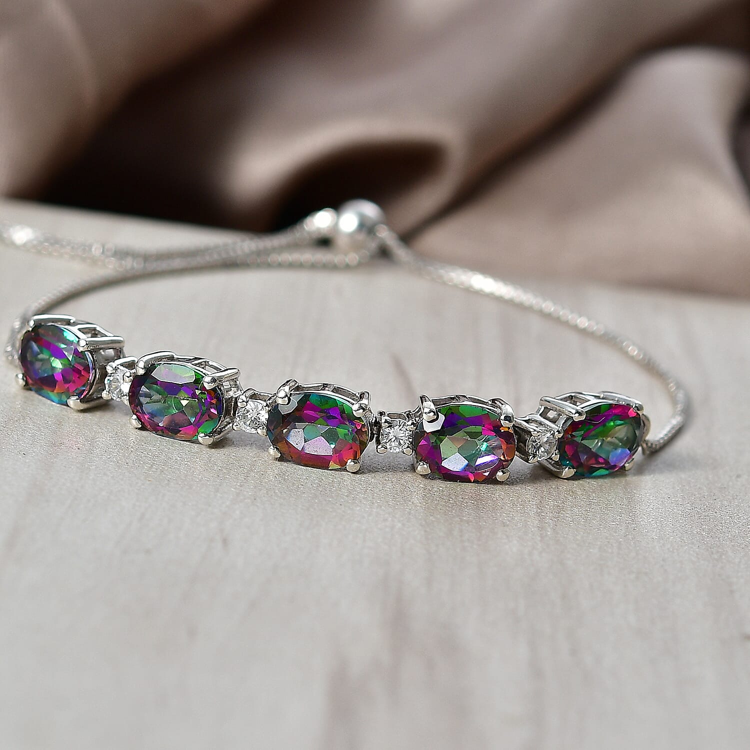 D'Joy Mystic Topaz, White Zircon Adjustable Bracelet (Size - 10.5) in Rhodium Overlay Sterling Silver 7.71 Ct. 8505765 3