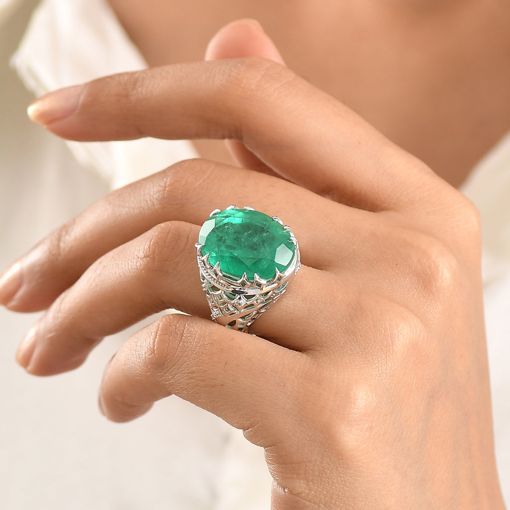 D'Joy Emeraldine Triplet Quartz & White Zircon Filigree Ring in Rhodium Overlay Sterling Silver 19.83 Ct_8505925_2