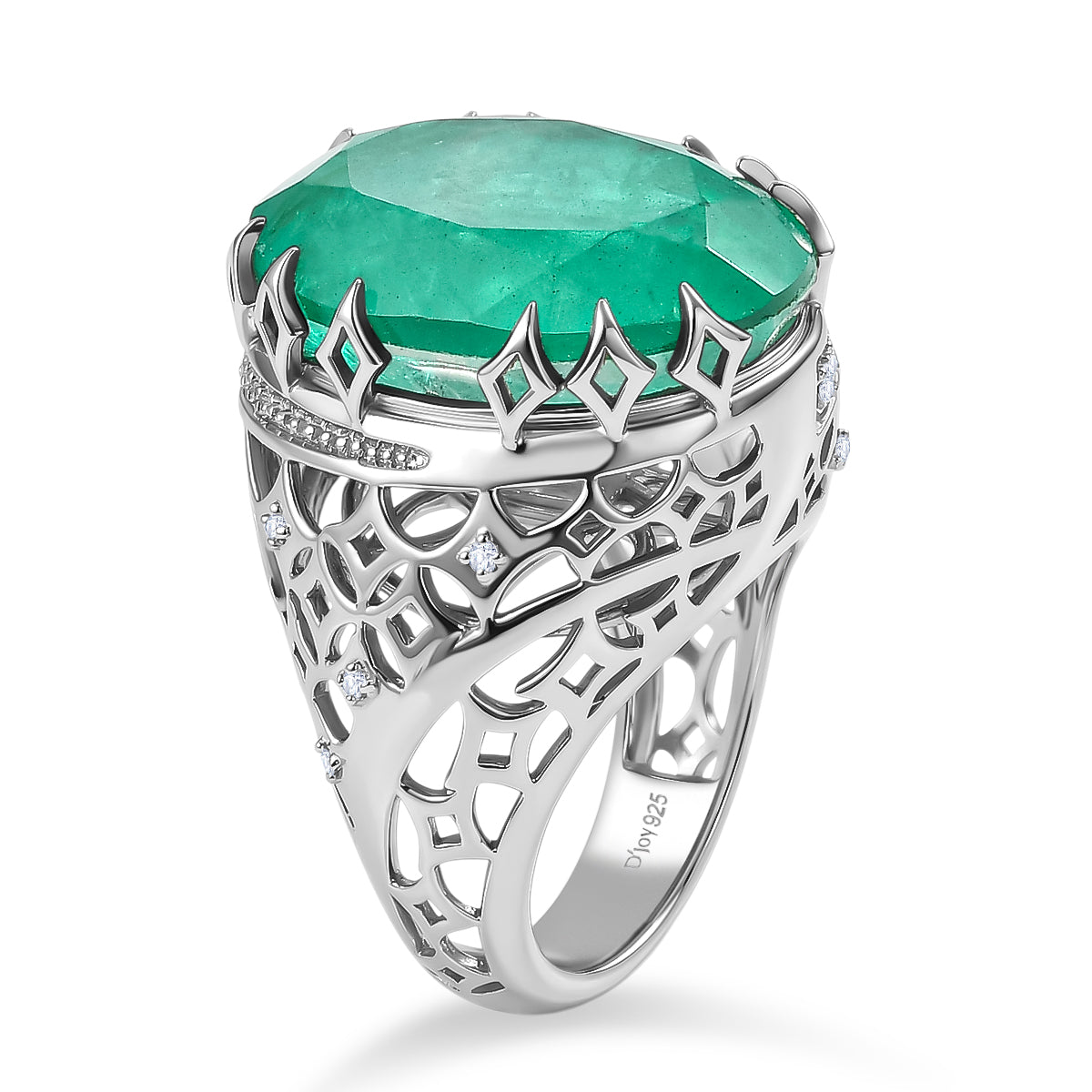 D'Joy Emeraldine Triplet Quartz &amp; White Zircon Filigree Ring in Rhodium Overlay Sterling Silver 19.83 Ct V32642429 4