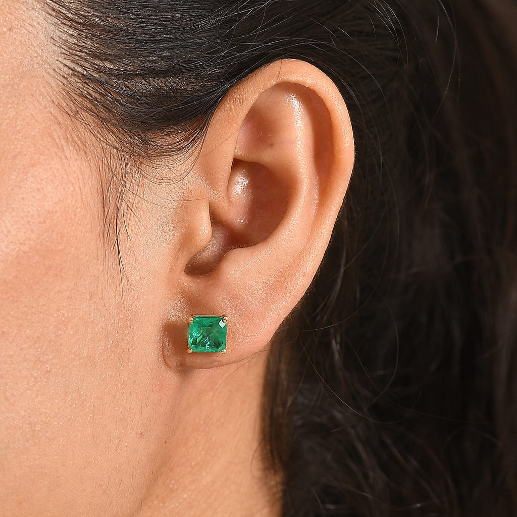 Emeraldine Triplet Quartz Solitaire Stud Push Post Earring in Yellow Gold Plated Sterling Silver 3.35 Ct._8505951_1