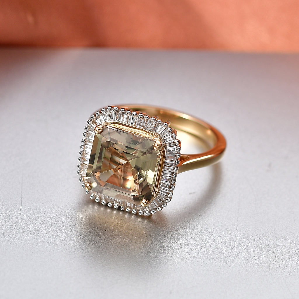 Rhapsody 18K Yellow Gold AAAA Natural Royal Asscher Cut Turkizite & Natural Earth Mined VS-E/F White Diamond Ring 5.14 Ct. Gold Wt 4.80 Gms_8505964_2