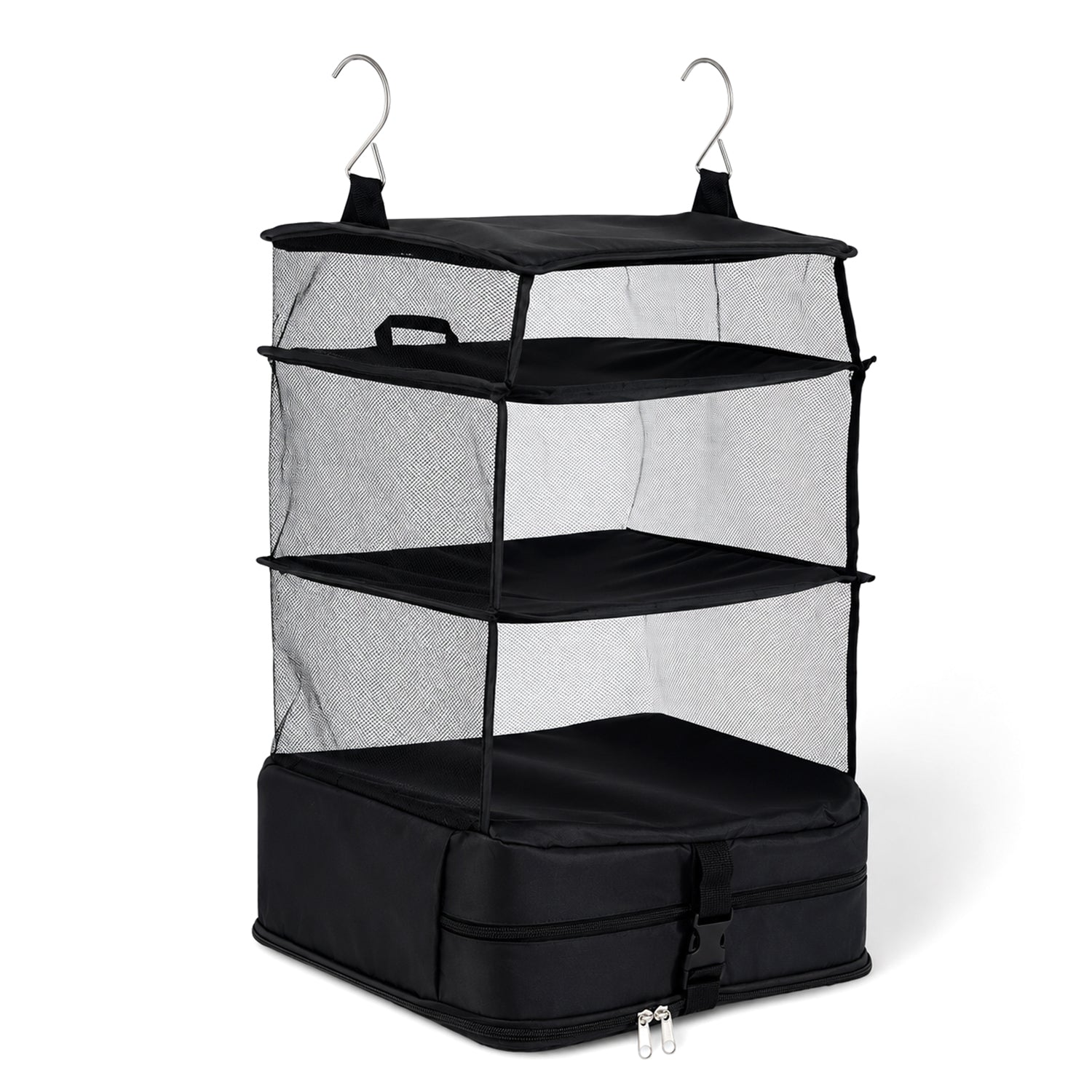 Hanging Travel Luggage Organizer - 3-Tier Portable Wardrobe Shelves &amp; Oxford Cloth Packing Cube (30x23x56cm) - Black 8506327 0