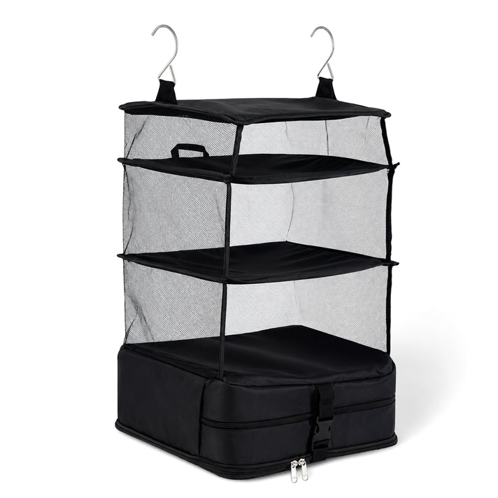 Hanging Travel Luggage Organizer - 3-Tier Portable Wardrobe Shelves &amp; Oxford Cloth Packing Cube (30x23x56cm) - Black 8506327 1