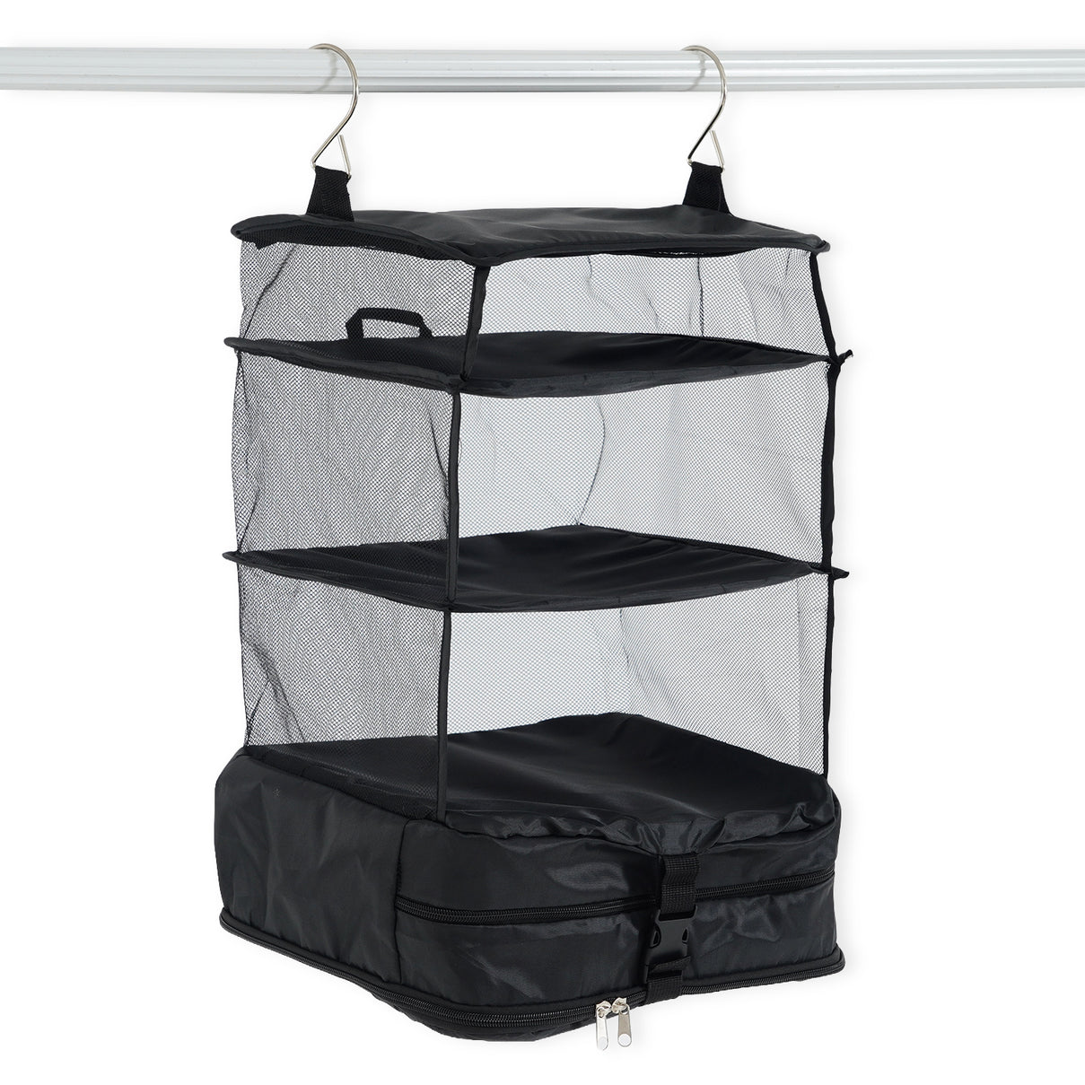 Hanging Travel Luggage Organizer - 3-Tier Portable Wardrobe Shelves &amp; Oxford Cloth Packing Cube (30x23x56cm) - Black 8506327 1