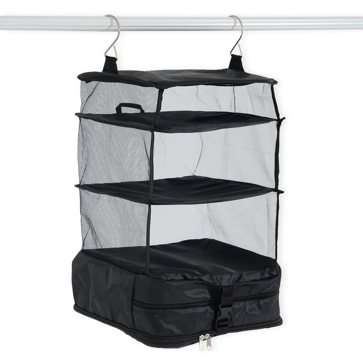 Hanging Travel Luggage Organizer - 3-Tier Portable Wardrobe Shelves &amp; Oxford Cloth Packing Cube (30x23x56cm) - Black 8506327 2