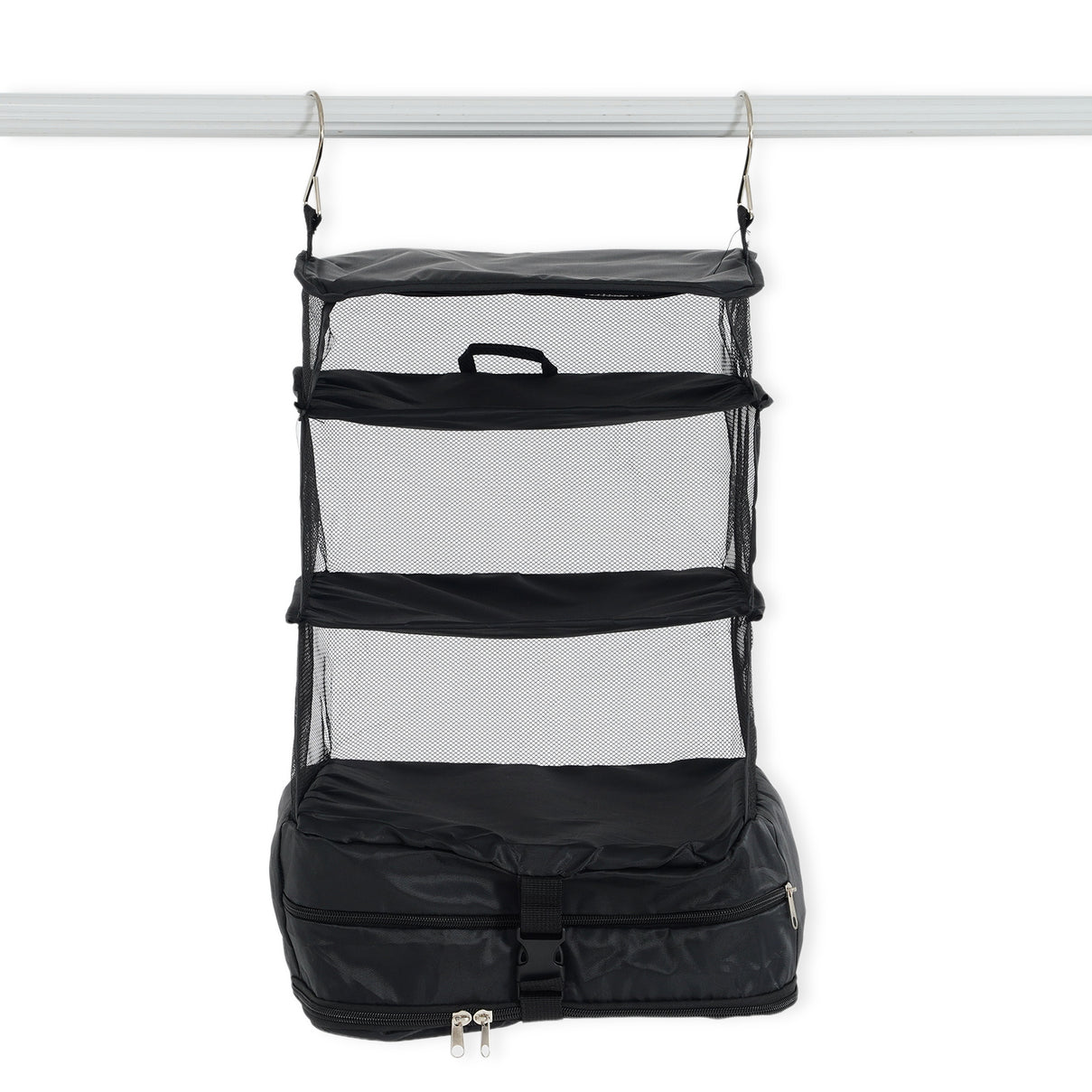 Hanging Travel Luggage Organizer - 3-Tier Portable Wardrobe Shelves &amp; Oxford Cloth Packing Cube (30x23x56cm) - Black 8506327 2