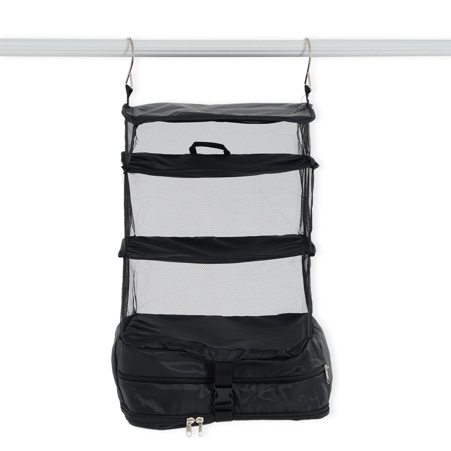Hanging Travel Luggage Organizer - 3-Tier Portable Wardrobe Shelves &amp; Oxford Cloth Packing Cube (30x23x56cm) - Black 8506327 2