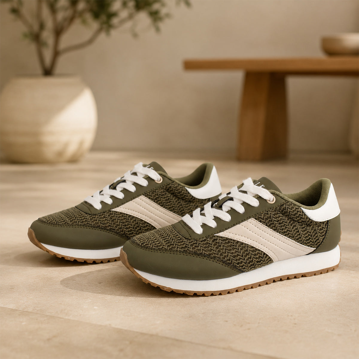 Crochet Detail Casual Lace-Up Trainers with Side Stripe (Size 4) - Green &amp; While 8507540 0