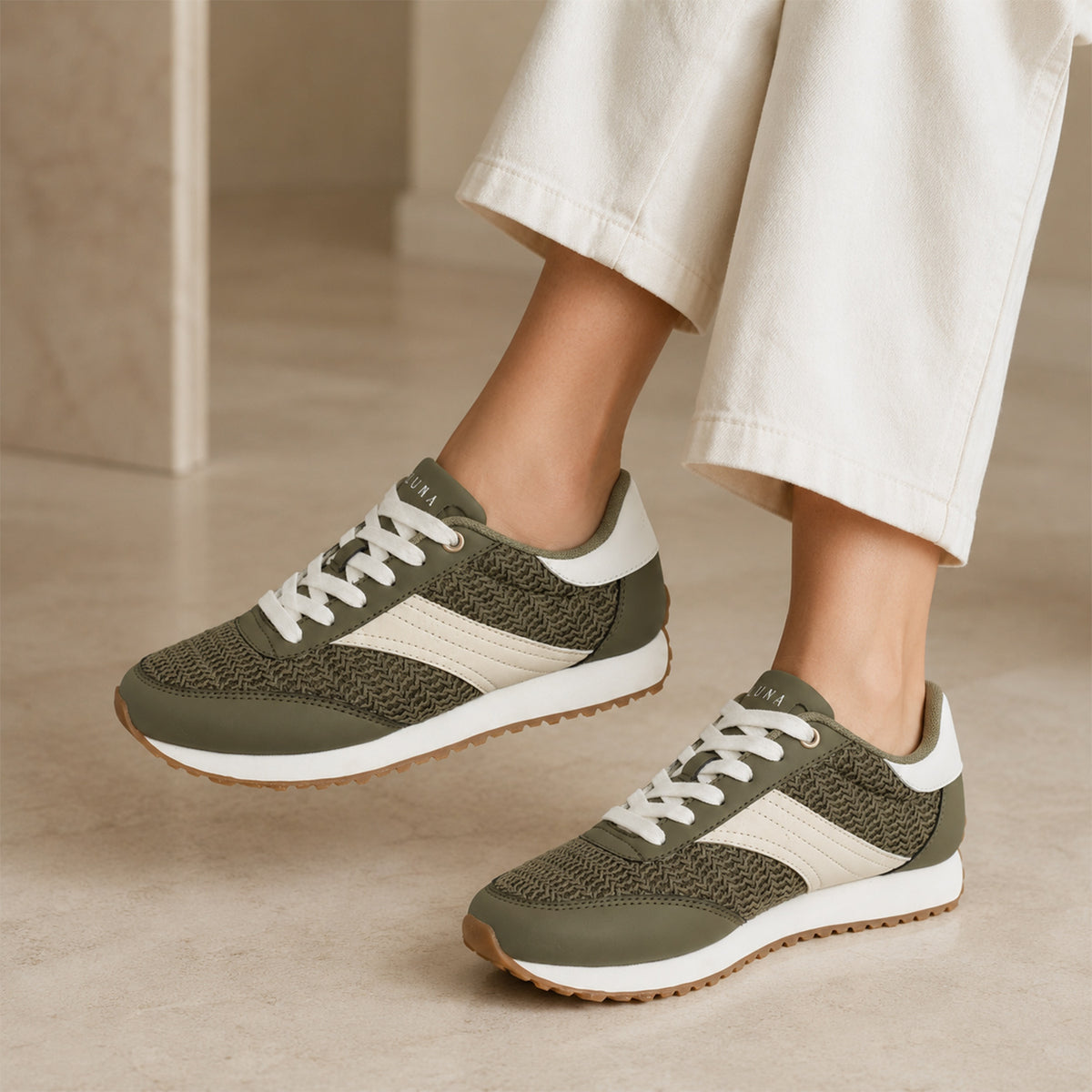 Crochet Detail Casual Lace-Up Trainers with Side Stripe (Size 4) - Green &amp; While 8507540 1