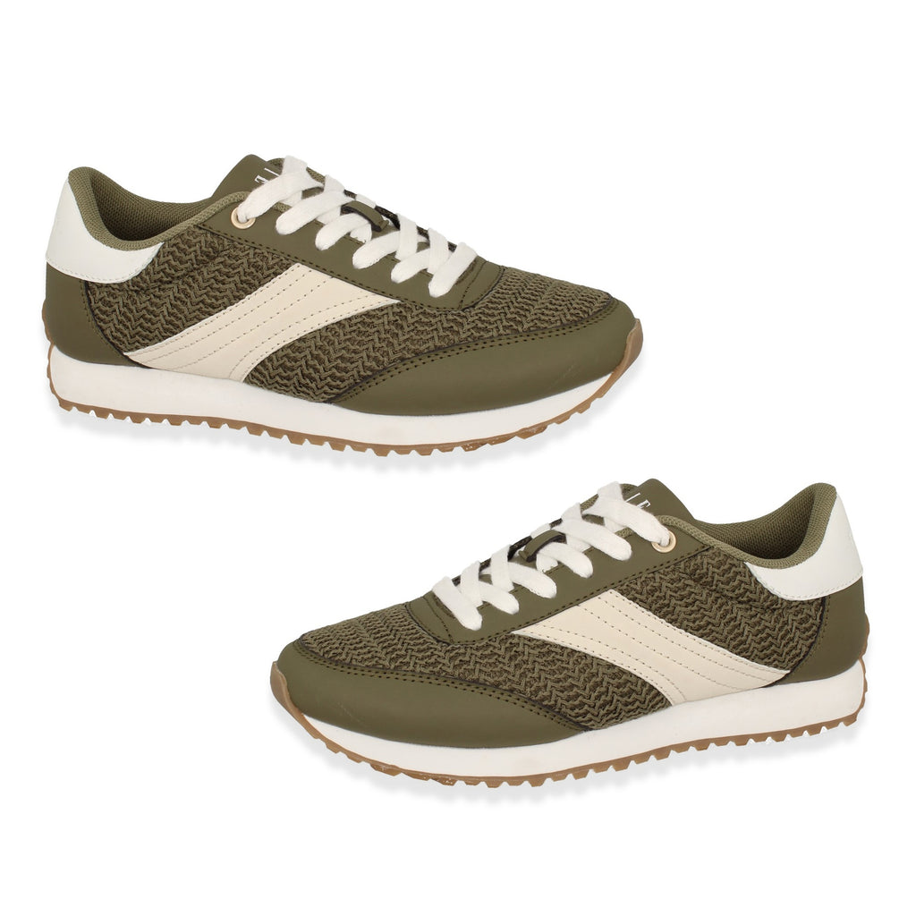 Crochet Detail Casual Lace-Up Trainers with Side Stripe (Size 4) - Green & While_8507540_2