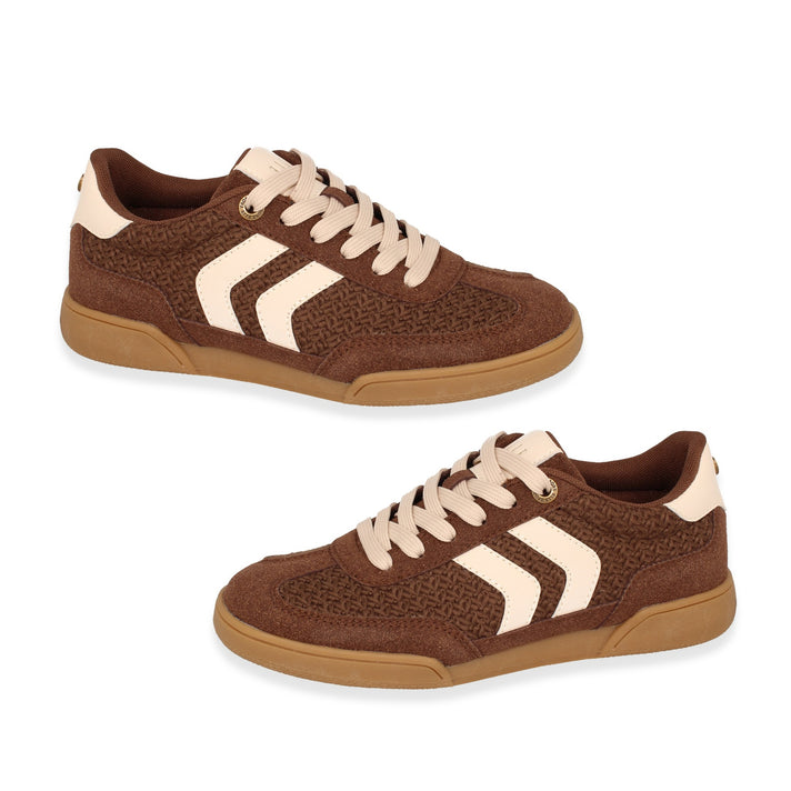 Crochet Detail Casual Lace-Up Trainers with Side Stripe (Size 4) - Brown &amp; Off White V32615184 1