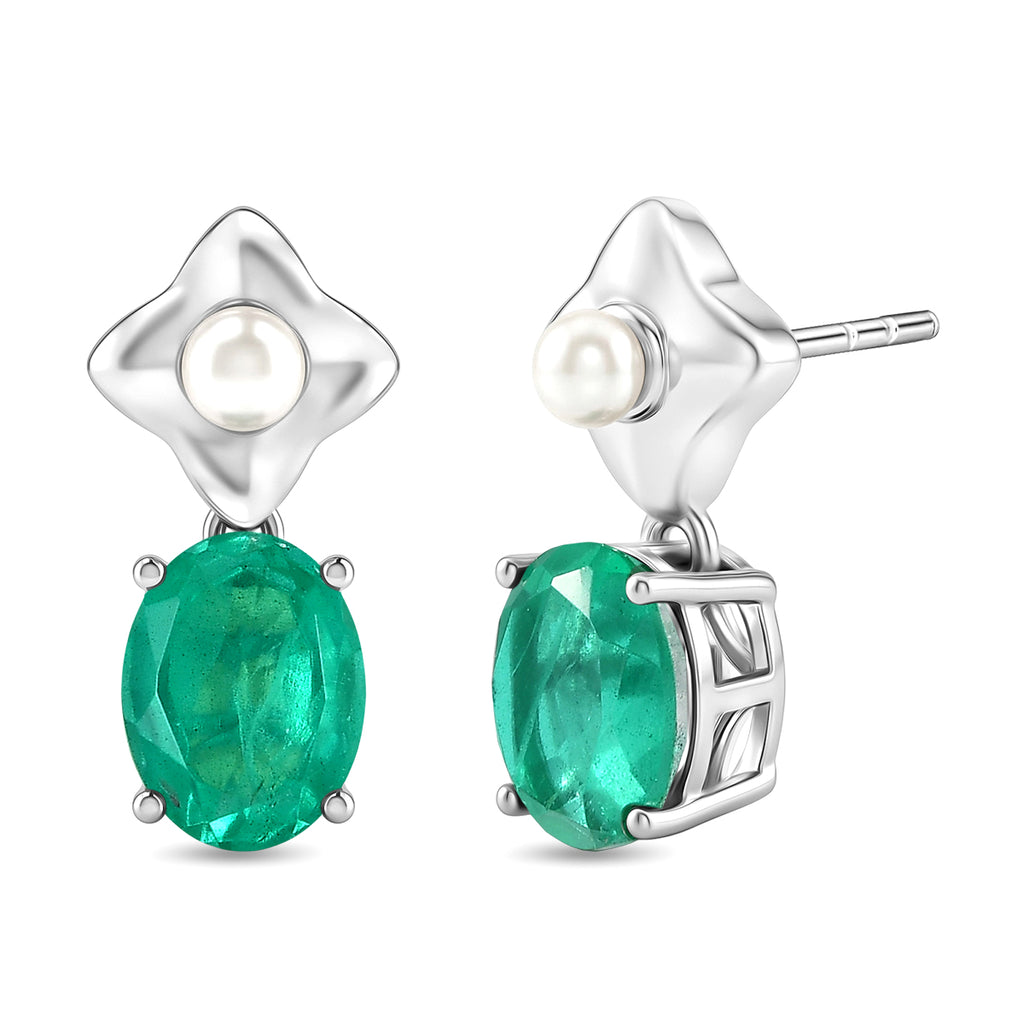 D'Joy Emeraldine Triplet Quartz & Fresh Water Pearl Dangling Earring with Push Post in Platinum Overlay Sterling Silver 3.40 Ct._8507853