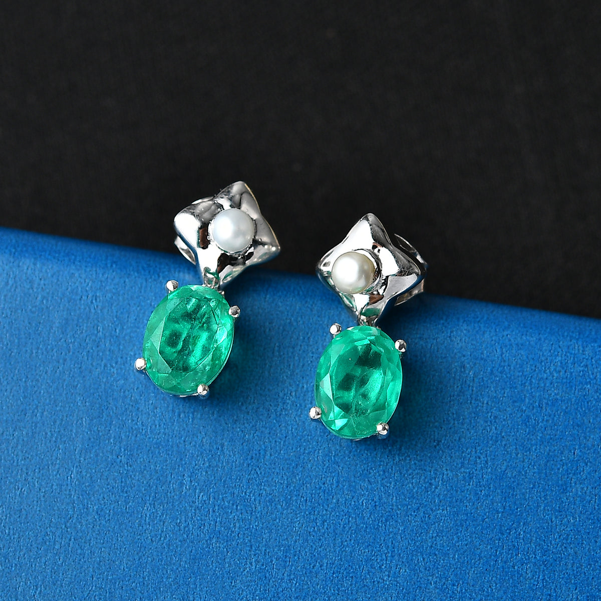 D'Joy Emeraldine Triplet Quartz &amp; Fresh Water Pearl Dangling Earring with Push Post in Platinum Overlay Sterling Silver 3.40 Ct. 8507853 3