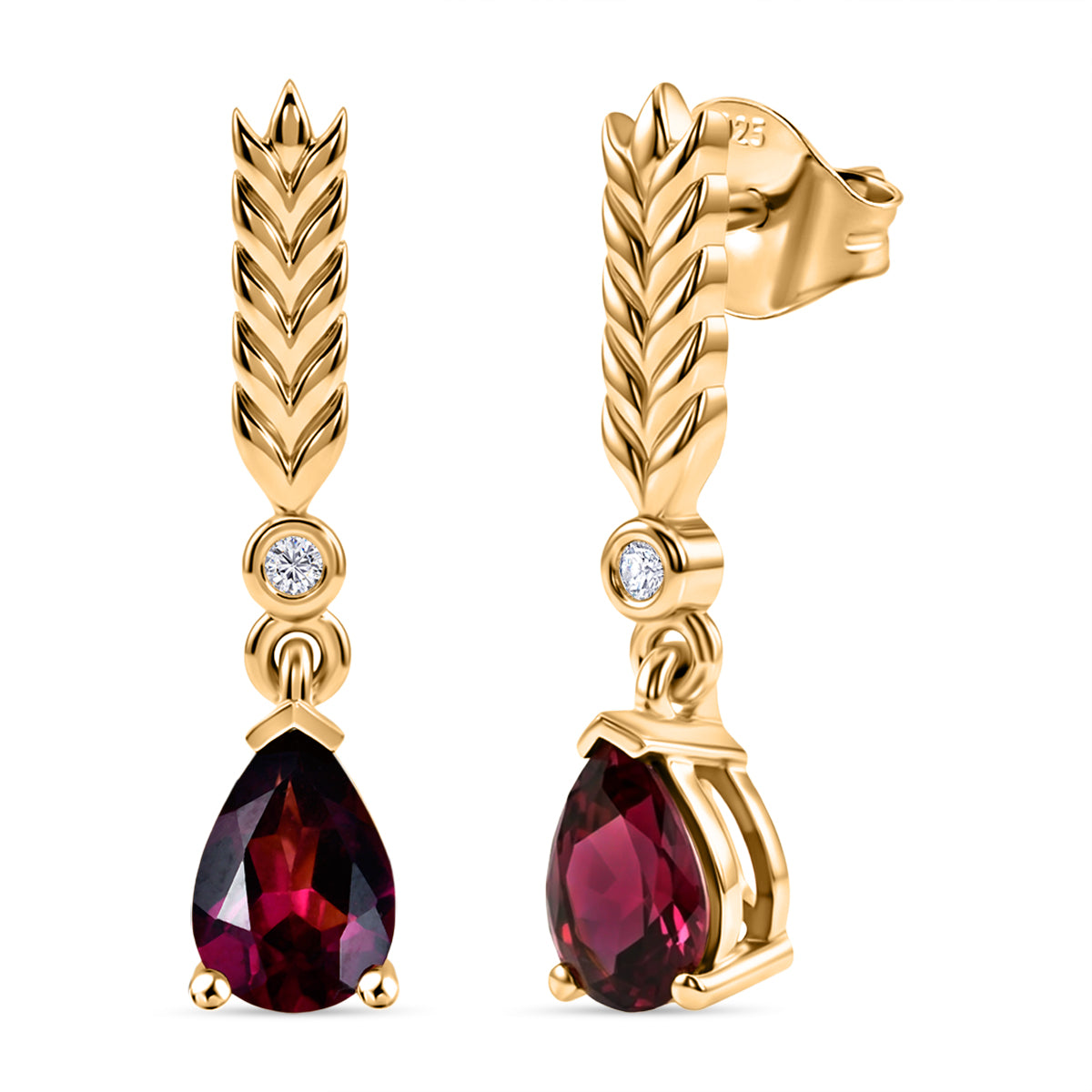 D'Joy Rhodolite Garnet &amp; White Zircon Dangling Earring with Push Back in Yellow Gold Plated Sterling Silver 1.74 Ct. 8507874 0