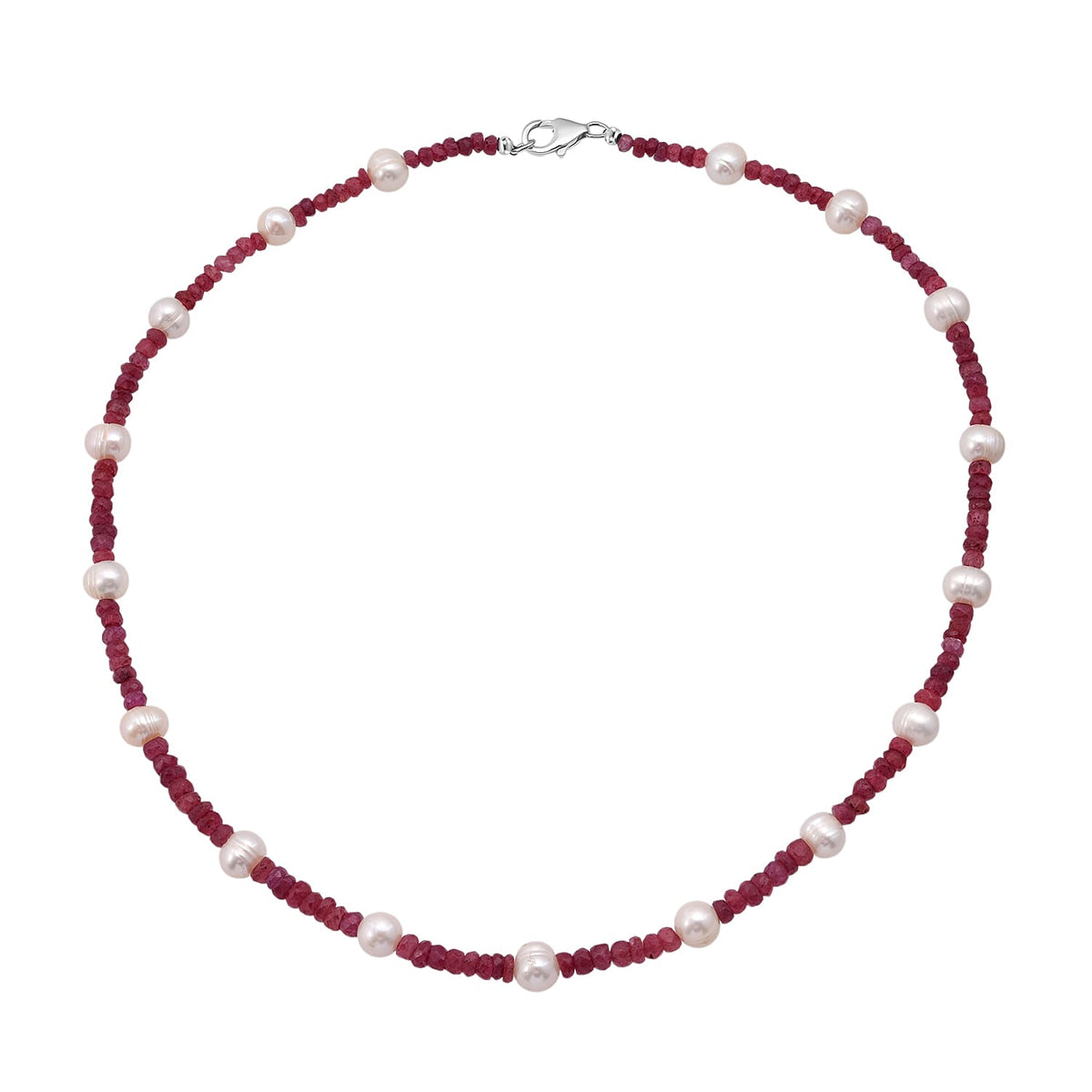 African Ruby &amp; Freshwater Pearl Necklace (Size - 18) in Rhodium Overlay Sterling Silver 90.00 Ct. 8507962 0