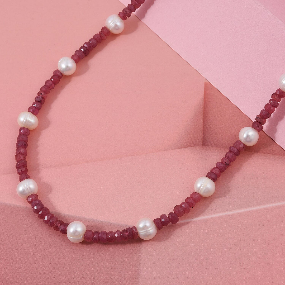 African Ruby &amp; Freshwater Pearl Necklace (Size - 18) in Rhodium Overlay Sterling Silver 90.00 Ct. 8507962 2
