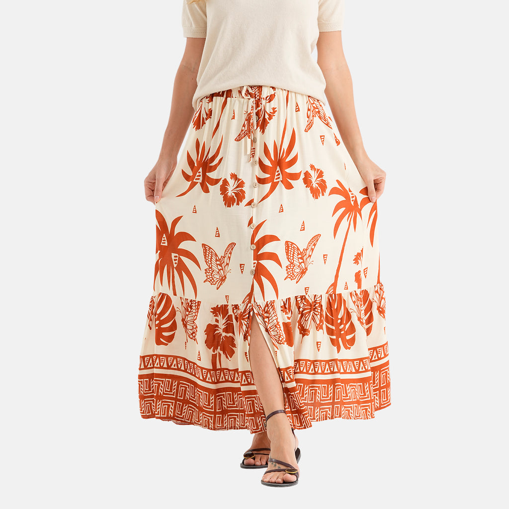 La Marey Print Buttoned Skirt (Size - L/XL, 16-22) - Cream & Brown_8507982