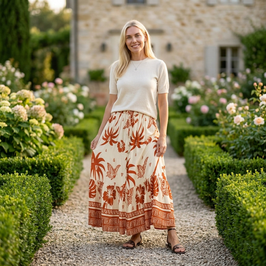 La Marey Printed Buttoned Skirt (Size - L/XL, 16-22) - Cream &amp; Brown V32710839 2