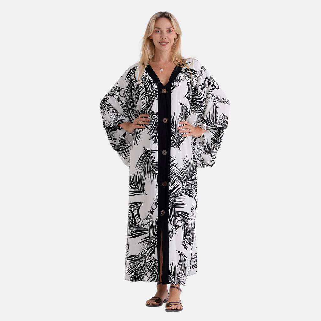La Marey Print V-Neck Kaftan (One Size) - Black & White_8507983