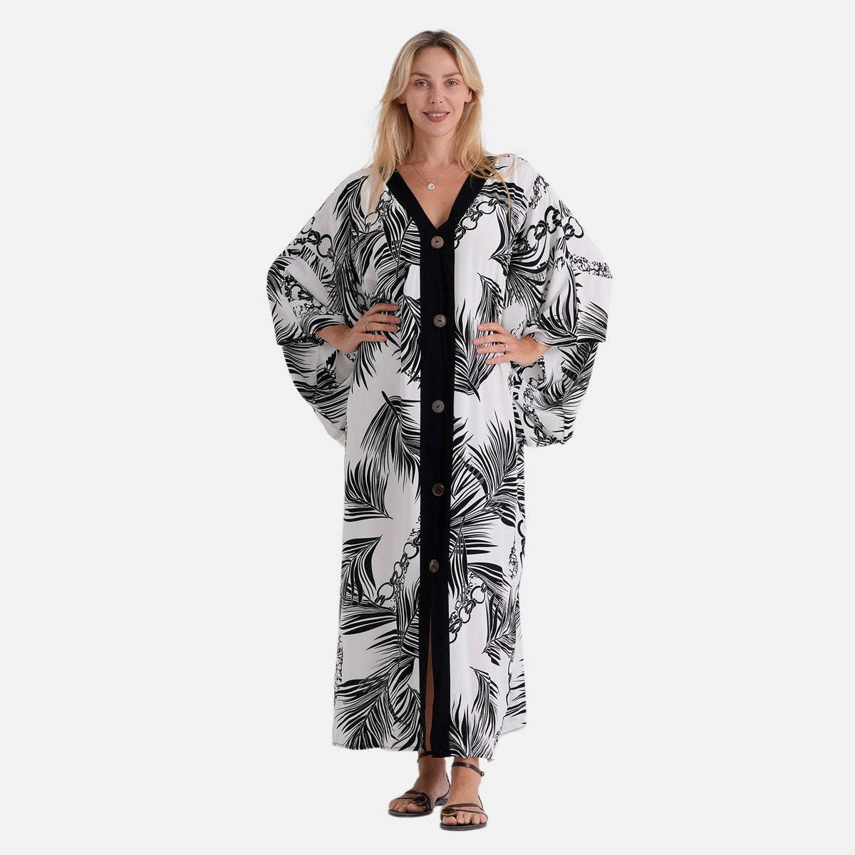 La Marey Print V-Neck Kaftan (One Size) - Black &amp; White 8507983 0