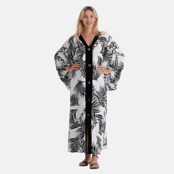 La Marey Print V-Neck Kaftan (One Size) - Black &amp; White 8507983 1