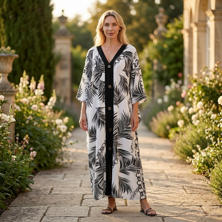 La Marey Print V-Neck Kaftan (One Size) - Black &amp; White 8507983 2