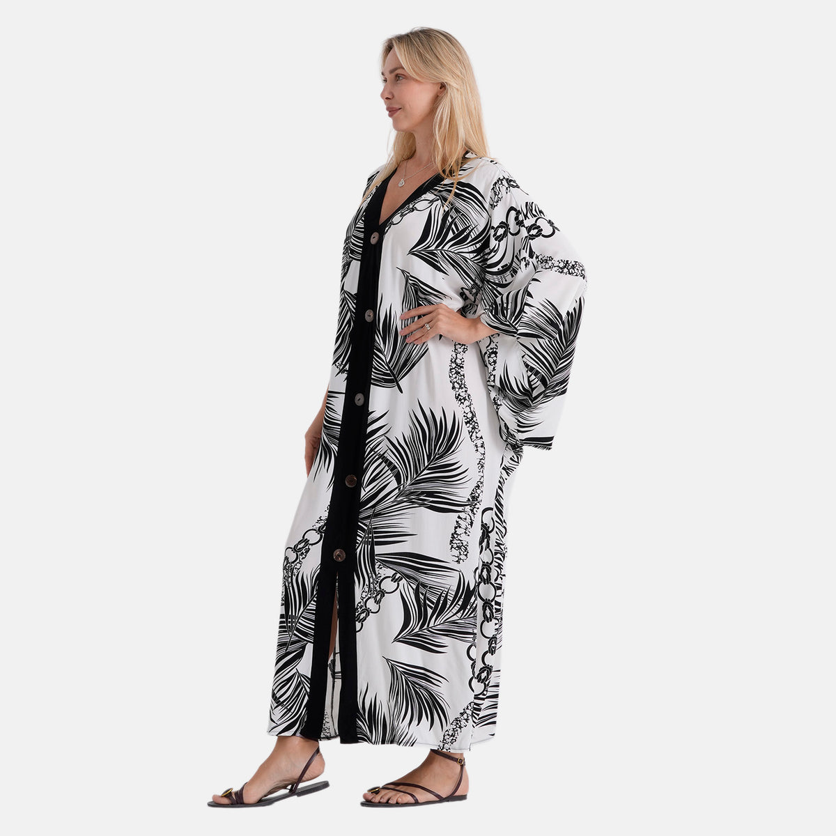 La Marey Print V-Neck Kaftan (One Size) - Black &amp; White 8507983 4