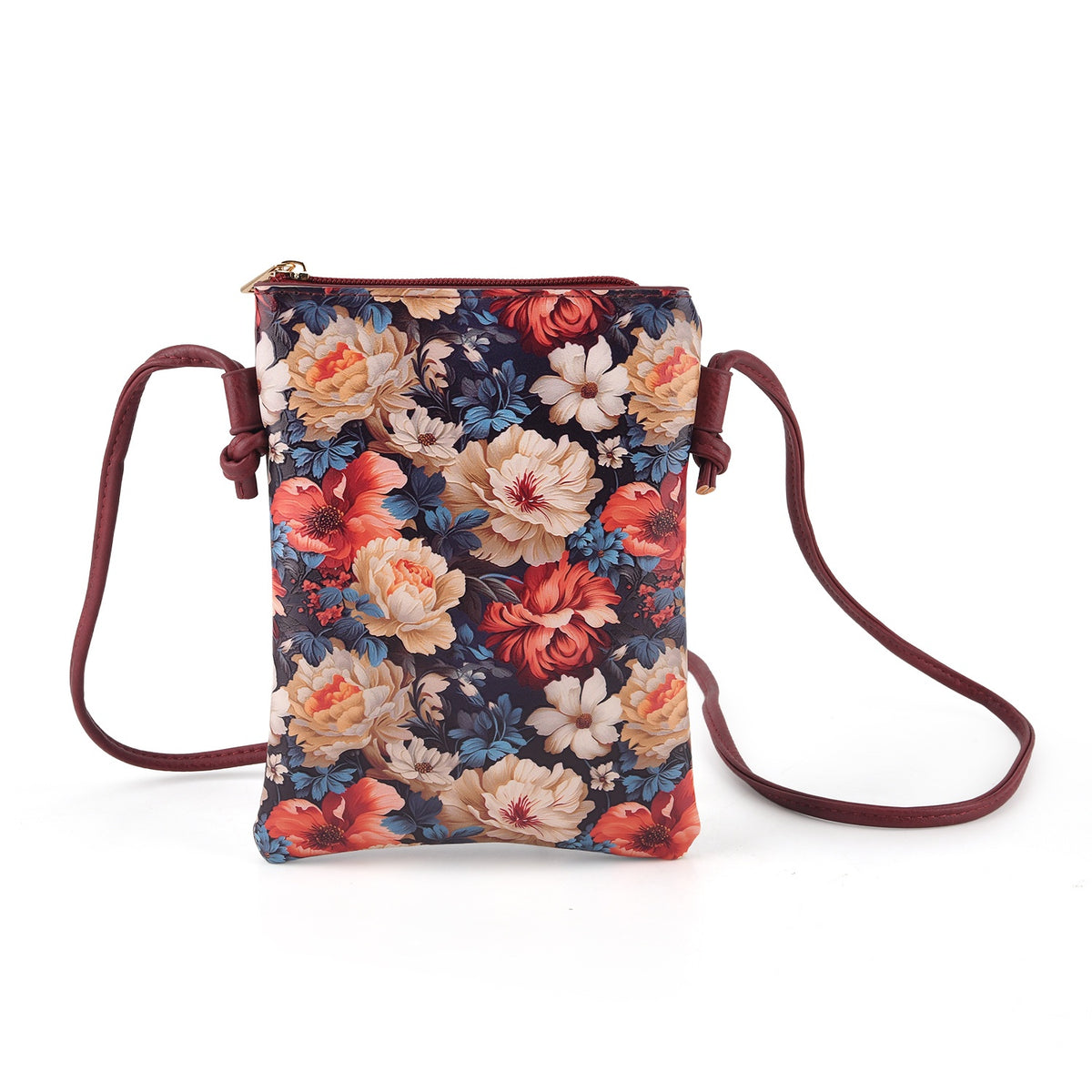 Womens RFID Blocking Multi-colour Floral Print Crossbody Sling Phone Bag - Maroon V32609983 0