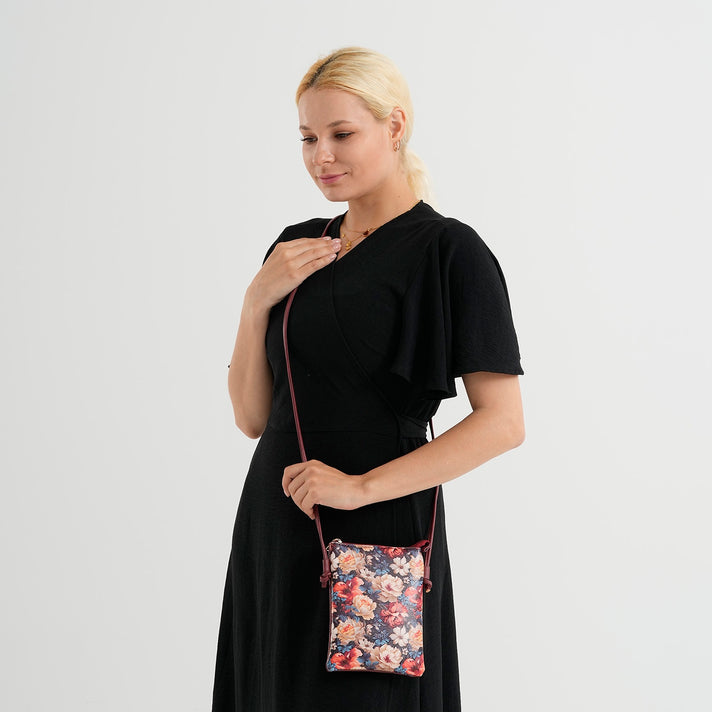 Womens RFID Blocking Multi-colour Floral Print Crossbody Sling Phone Bag - Maroon V32651047 2