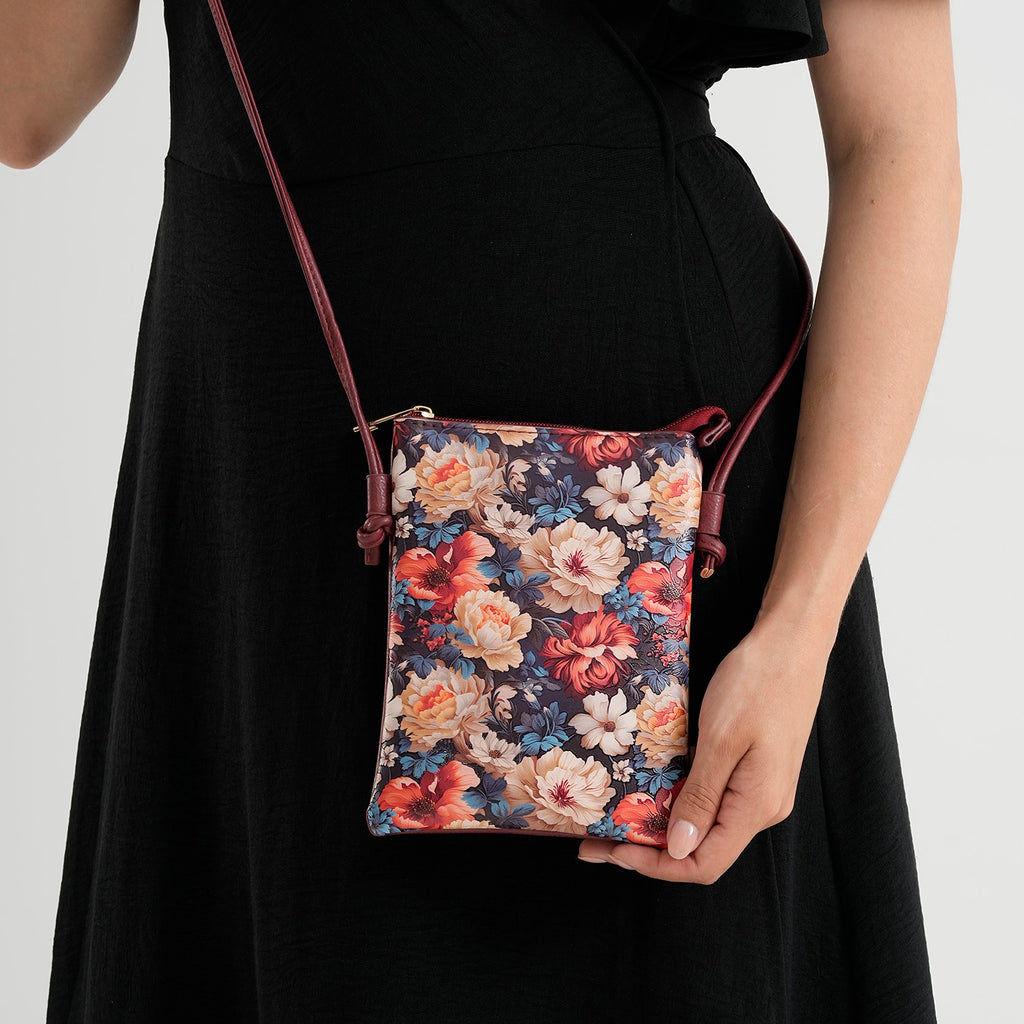 Womens RFID Blocking Multi-colour Floral Print Crossbody Sling Phone Bag - Maroon_8508442_2
