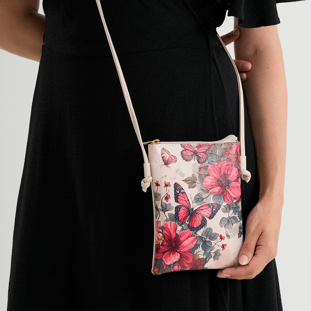 Womens RFID Blocking Multi-colour Butterfly Print Crossbody Sling Phone Bag - Off-White_8508443