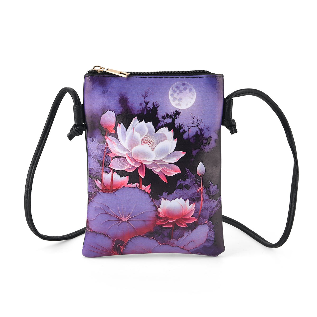 Womens RFID Blocking Lotus Print Crossbody Sling Phone Bag - Purple &amp; Black V32607219 0
